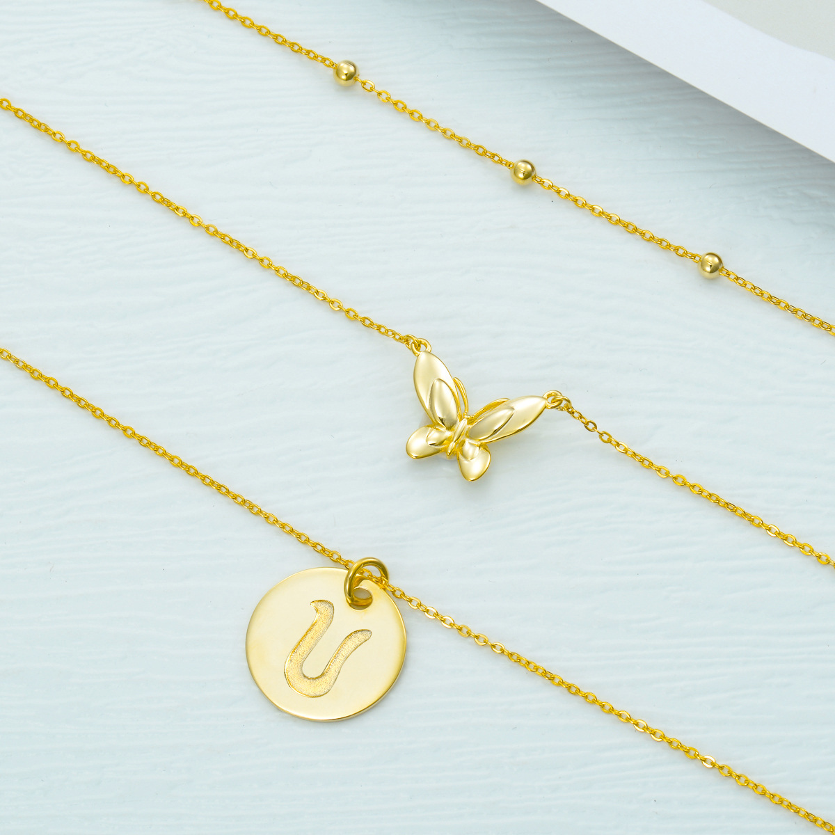 Sterling Silver with Yellow Gold Plated Butterfly Layered Necklace with Initial Letter U-3