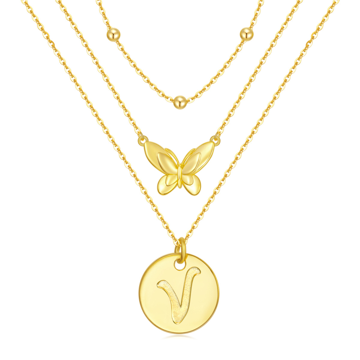 Sterling Silver with Yellow Gold Plated Butterfly Layered Necklace with Initial Letter V-1