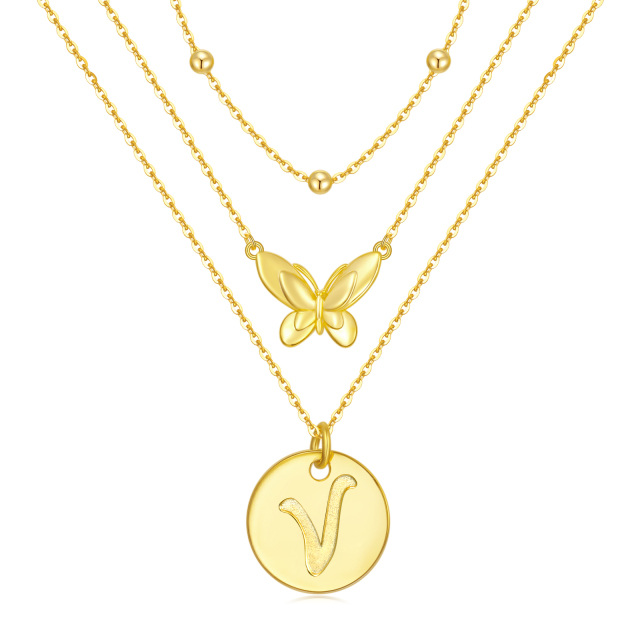 Sterling Silver with Yellow Gold Plated Butterfly Layered Necklace with Initial Letter V-1