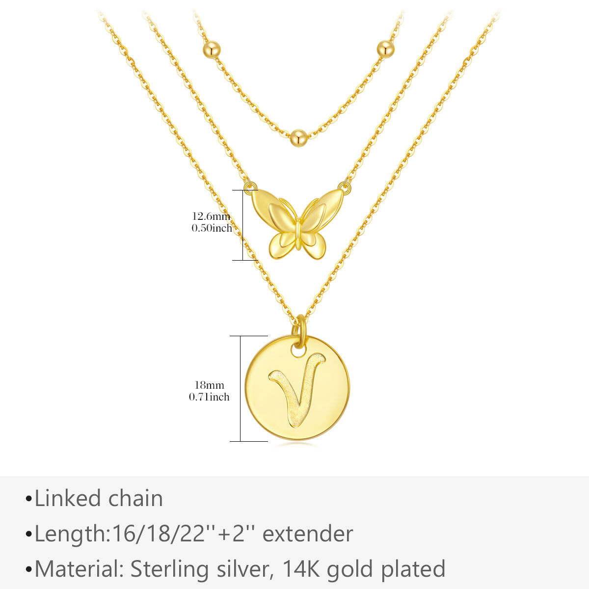 Sterling Silver with Yellow Gold Plated Butterfly Layered Necklace with Initial Letter V-5