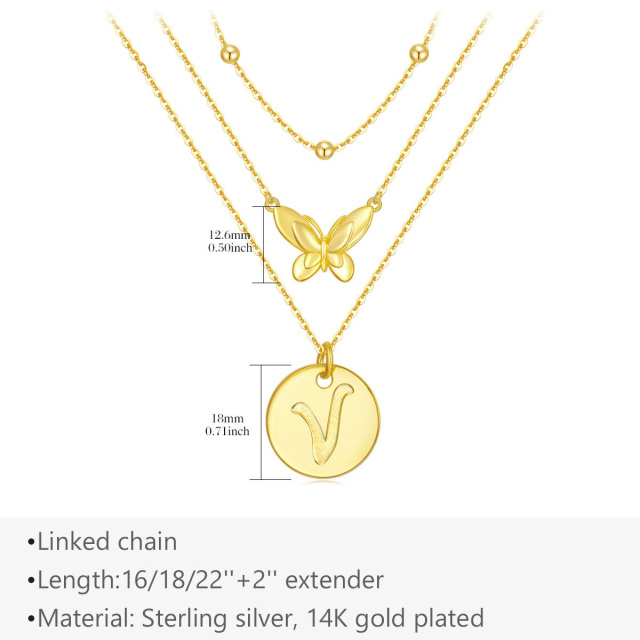 Sterling Silver with Yellow Gold Plated Butterfly Layered Necklace with Initial Letter V-5