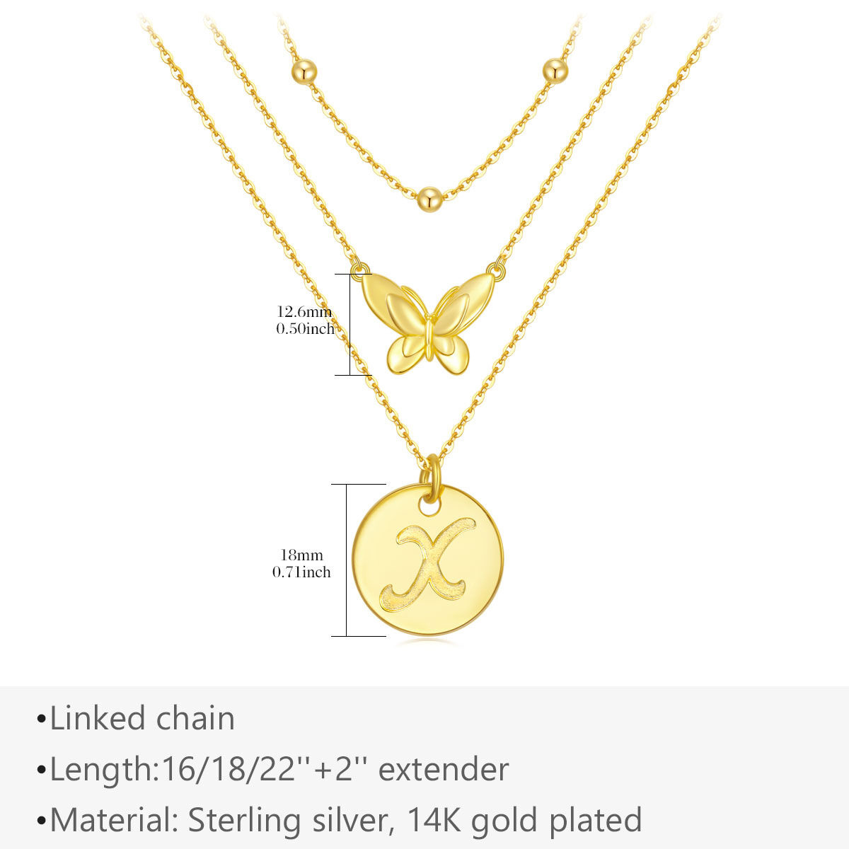 Sterling Silver with Yellow Gold Plated Butterfly Layered Necklace with Initial Letter X-5