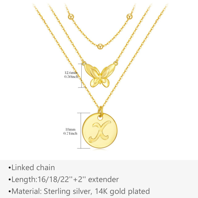 Sterling Silver with Yellow Gold Plated Butterfly Layered Necklace with Initial Letter X-5