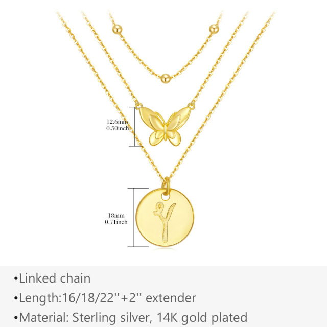 Collana a strati con farfalla in argento sterling placcato oro giallo con lettera Y iniziale-5