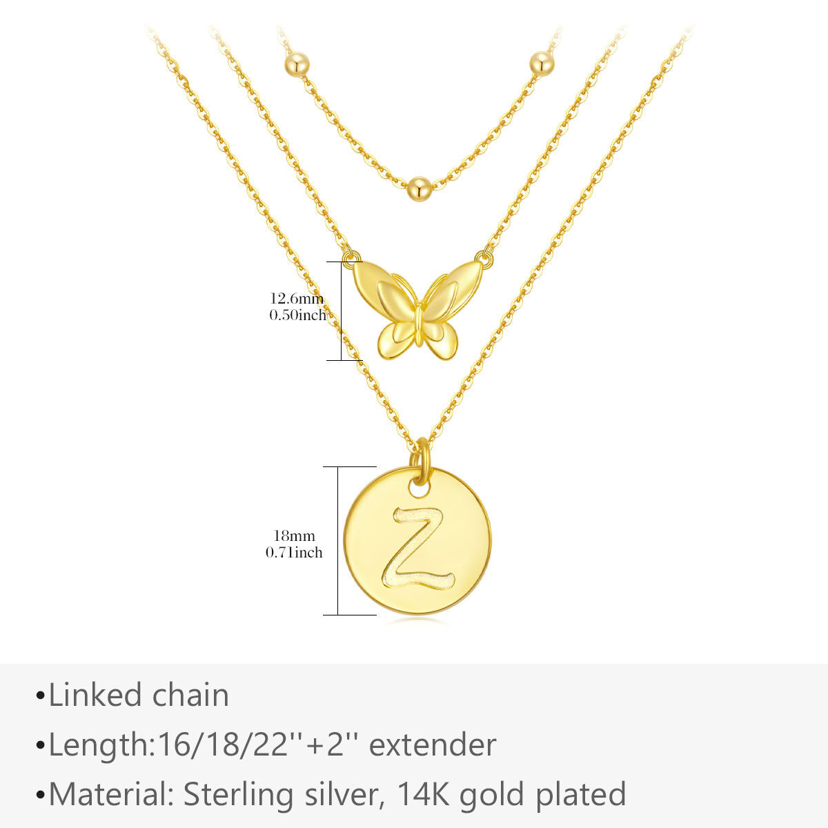 Collier superposé papillon en argent sterling plaqué or jaune avec lettre initiale Z-5