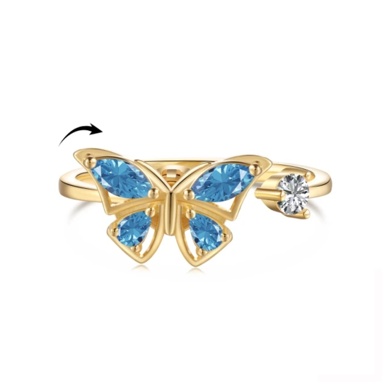 Anillo giratorio de mariposa con circonita cúbica bañado en oro amarillo y plata de ley