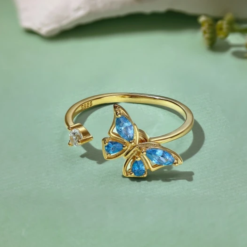 Sterling Silver with Yellow Gold Plated Cubic Zirconia Butterfly Spinner Ring-3