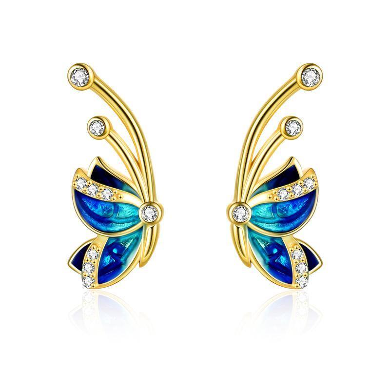 Sterling Silver with Yellow Gold Plated Cubic Zirconia Butterfly Stud Earrings-1