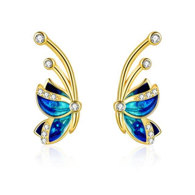 Sterling Silver with Yellow Gold Plated Cubic Zirconia Butterfly Stud Earrings-1