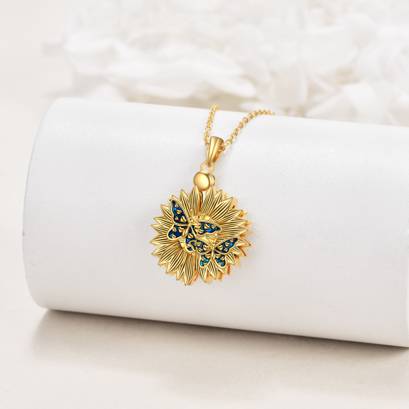 Plata de ley con colgante de girasol y mariposa chapado en oro amarillo, collar con grabado personalizado para unisex-3