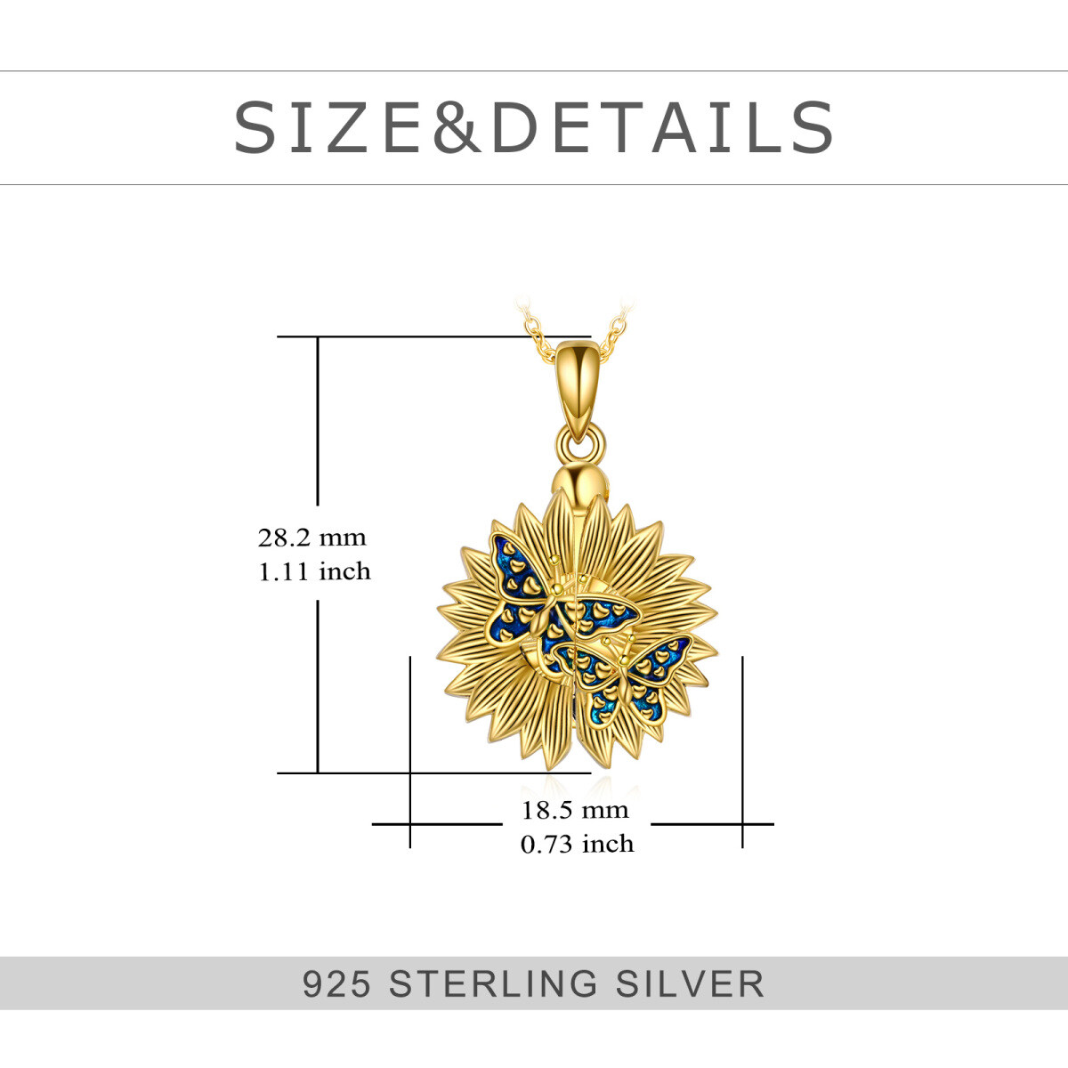 Sterling Silver With Yellow Gold Plated Butterfly Sunflower Pendant Persoalized Engraving Necklace For Unisex-5