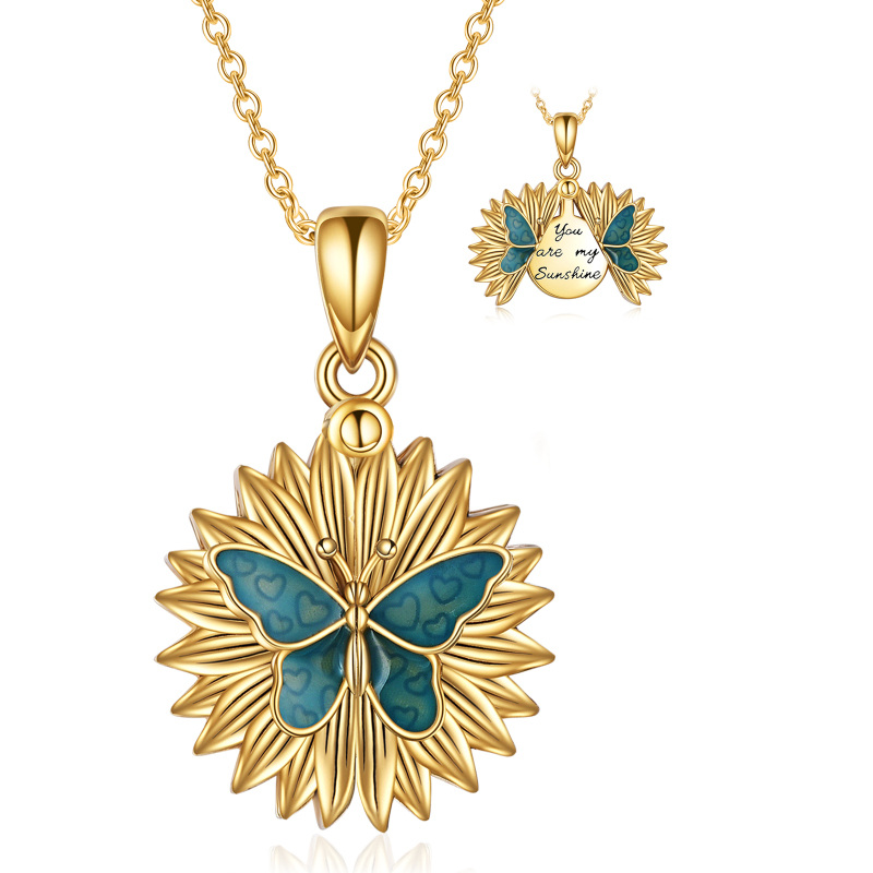 Sterling Silver With Yellow Gold Plated Butterfly Sunflower Pendant Persoalized Engraving Necklace For Unisex-1