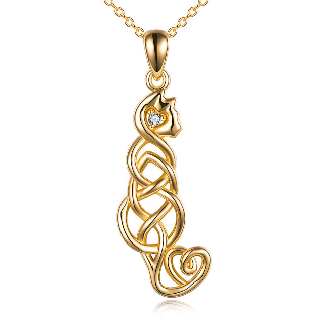 Collana con ciondolo a forma di gatto e nodo celtico in argento sterling e placcato oro giallo-1