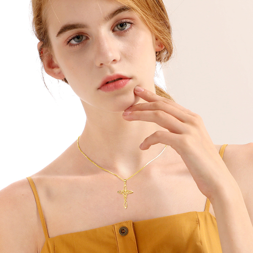 Sterling Silver With Yellow Gold Plated Celtic Knot Cross Heart Pendant Necklace For Women-2
