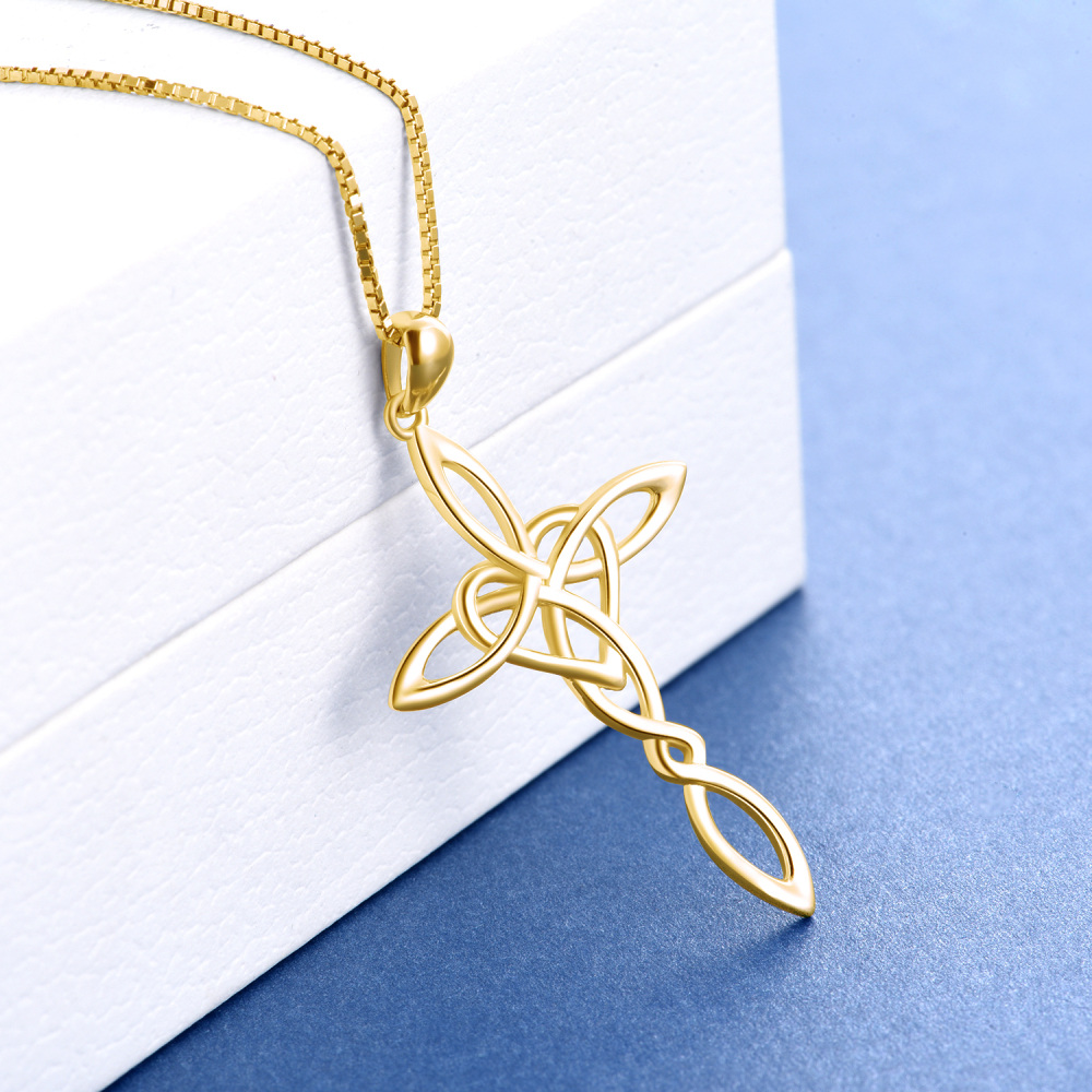 Sterling Silver With Yellow Gold Plated Celtic Knot Cross Heart Pendant Necklace For Women-4
