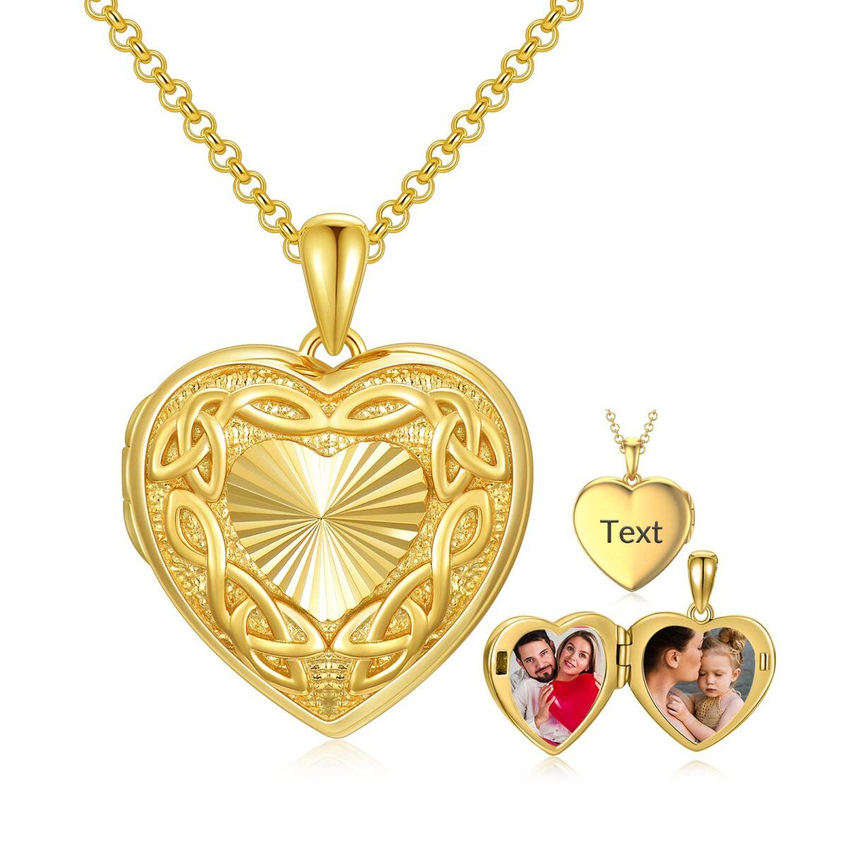 Plata de ley con baño de oro amarillo Celtic Knot Heart Personalized Engraving Photo Locket Necklace-1