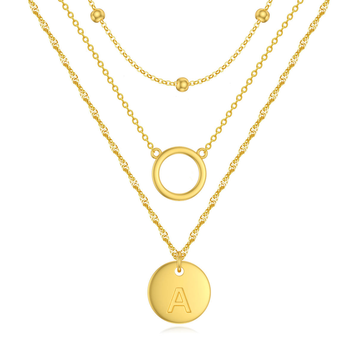 Plata de ley con collar en capas circulares chapado en oro amarillo con letra inicial A para mujer-1