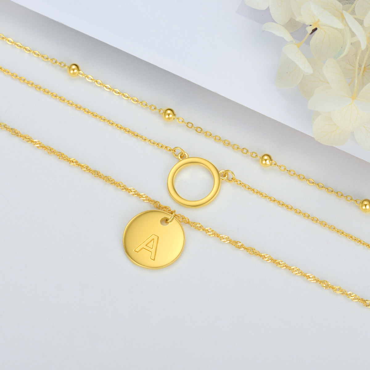 Plata de ley con collar en capas circulares chapado en oro amarillo con letra inicial A para mujer-3