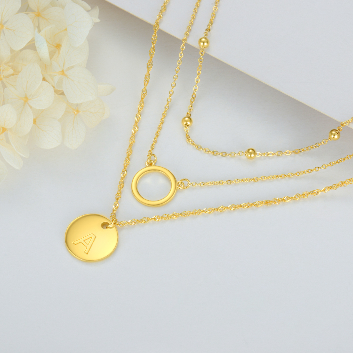 Sterling Silver with Yellow Gold Plated Circle Layered Necklace with Initial Letter A-4