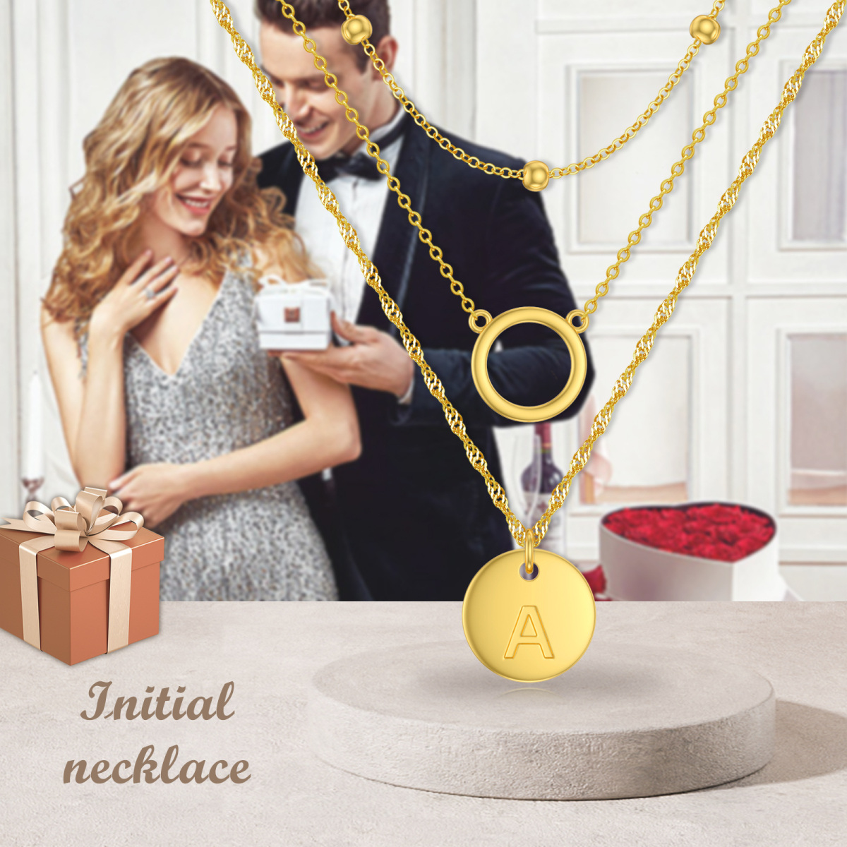 Plata de ley con collar en capas circulares chapado en oro amarillo con letra inicial A para mujer-6