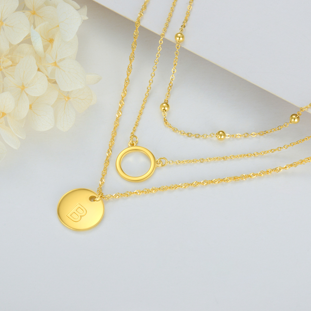 Sterling Silver with Yellow Gold Plated Circle Layered Necklace with Initial Letter B-4