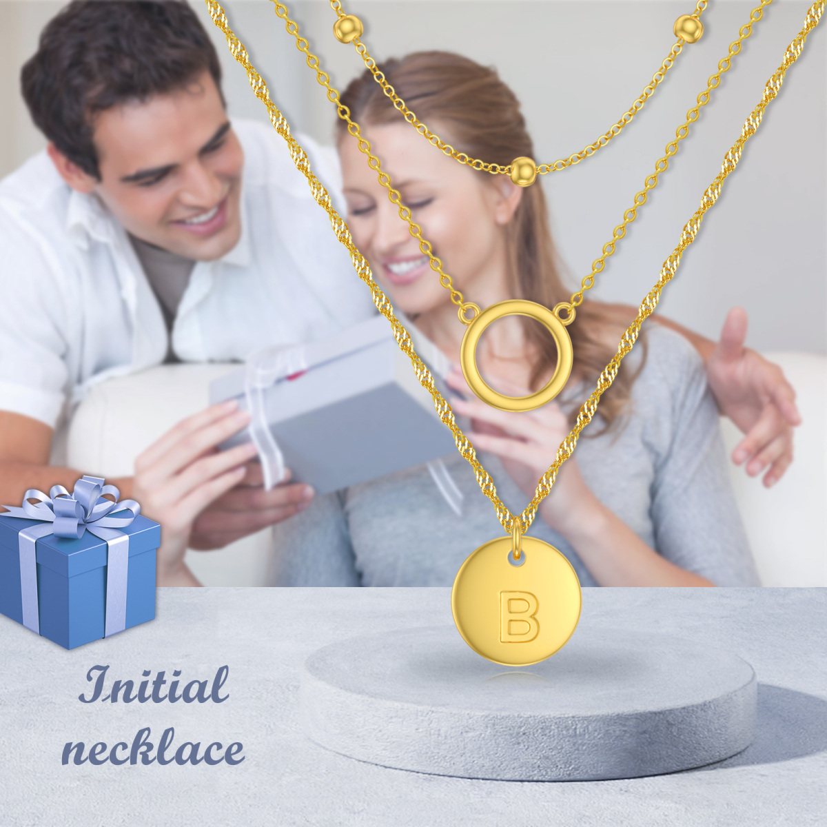 Sterling Silver With Yellow Gold Plated Circle Layered Necklace With Initial Letter B For Women-6