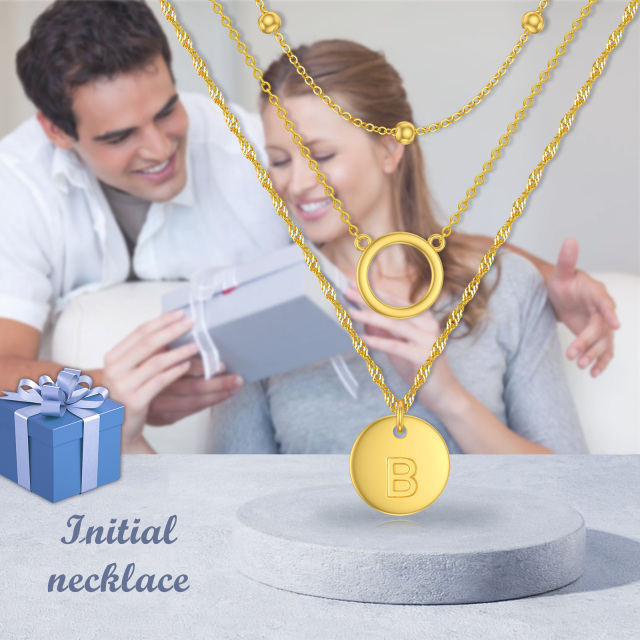 Sterling Silver with Yellow Gold Plated Circle Layered Necklace with Initial Letter B-6