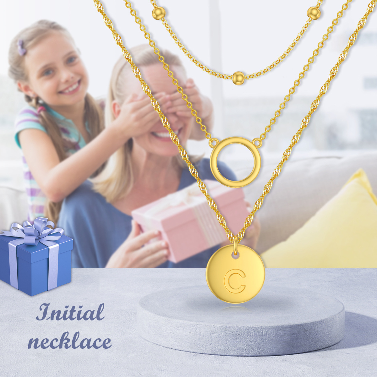 Plata de ley con collar en capas circulares chapado en oro amarillo con letra inicial C para mujer-6