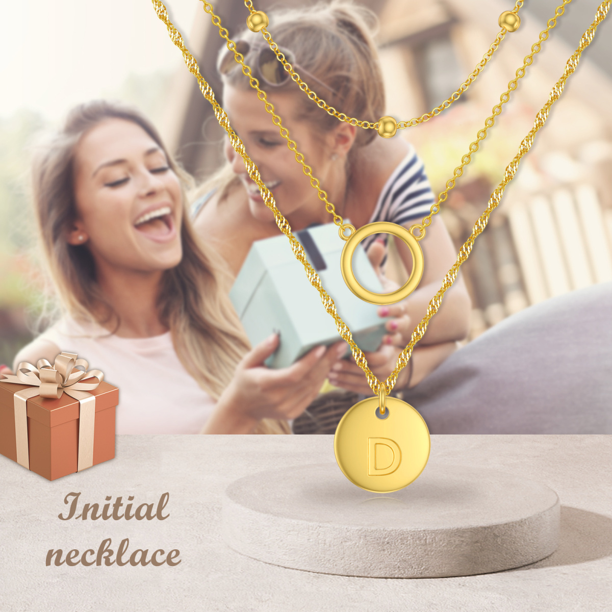 Plata de ley con collar en capas circulares chapado en oro amarillo con letra inicial D para mujer-6