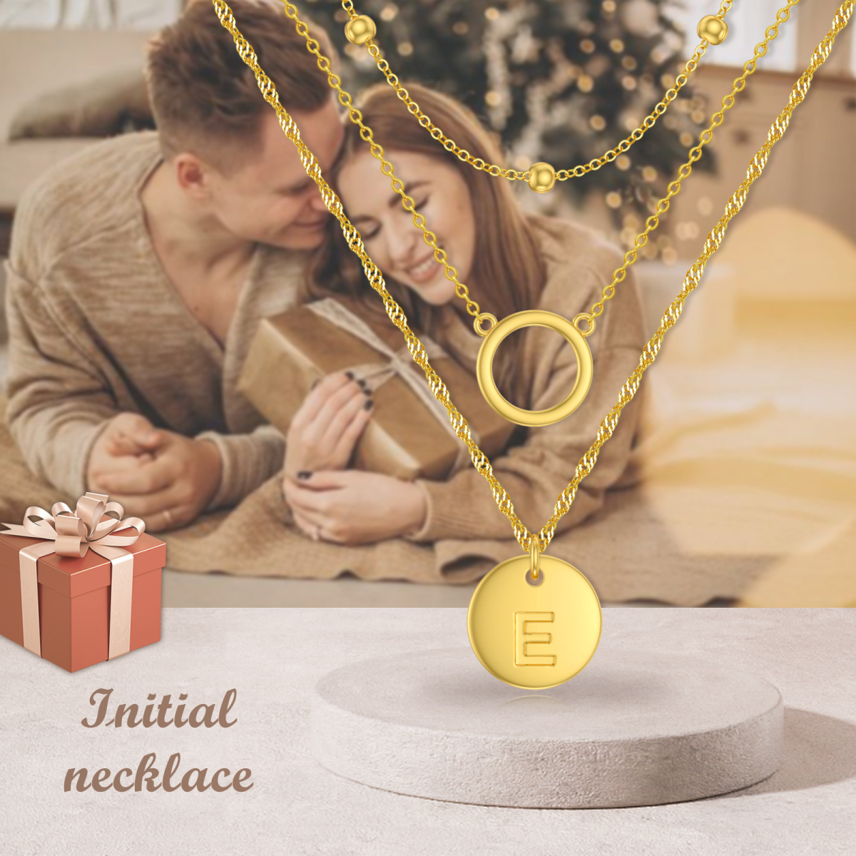 Sterling Silver With Yellow Gold Plated Circle Layered Necklace With Initial Letter E For Women-6