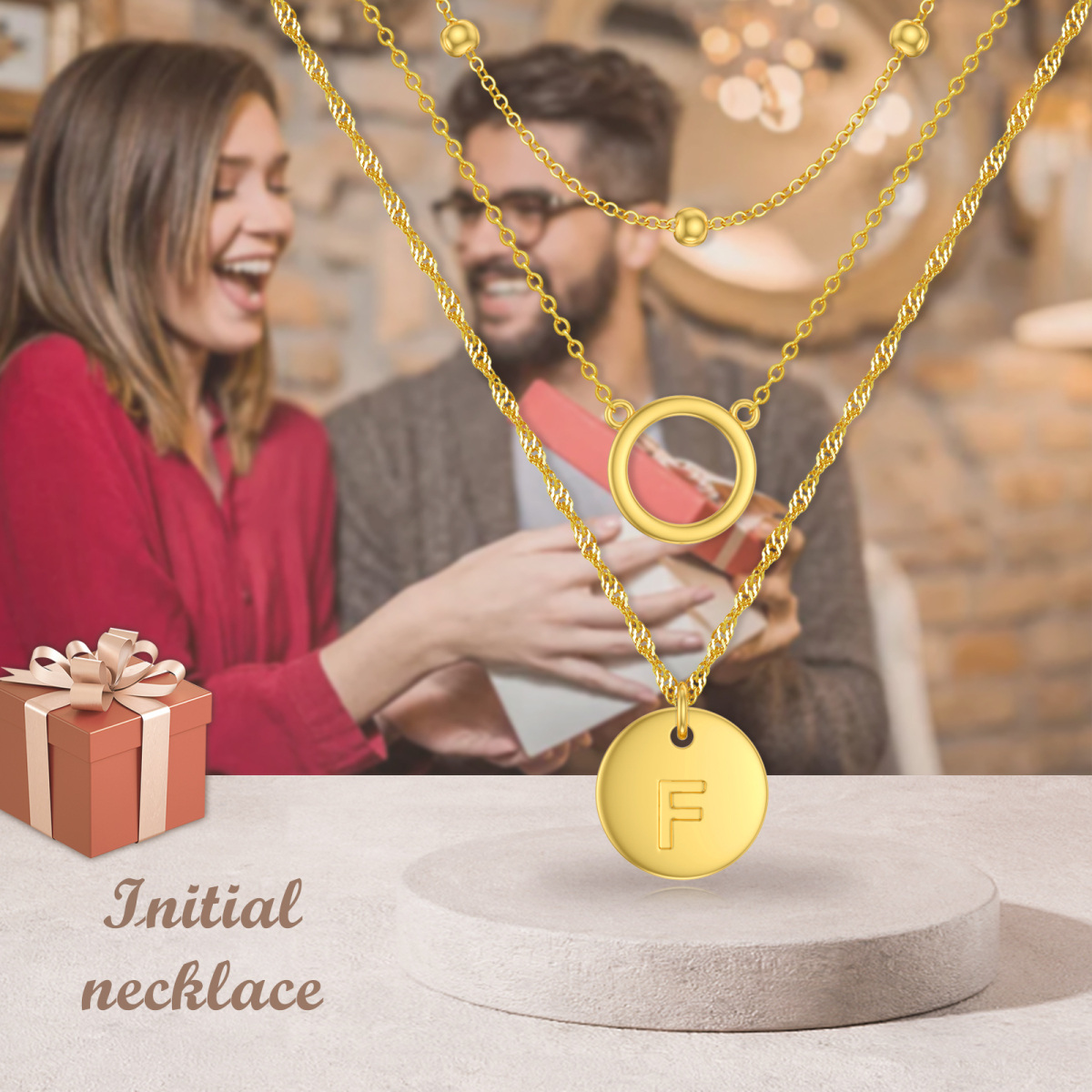 Plata de ley con collar en capas circulares chapado en oro amarillo con letra inicial F para mujer-6