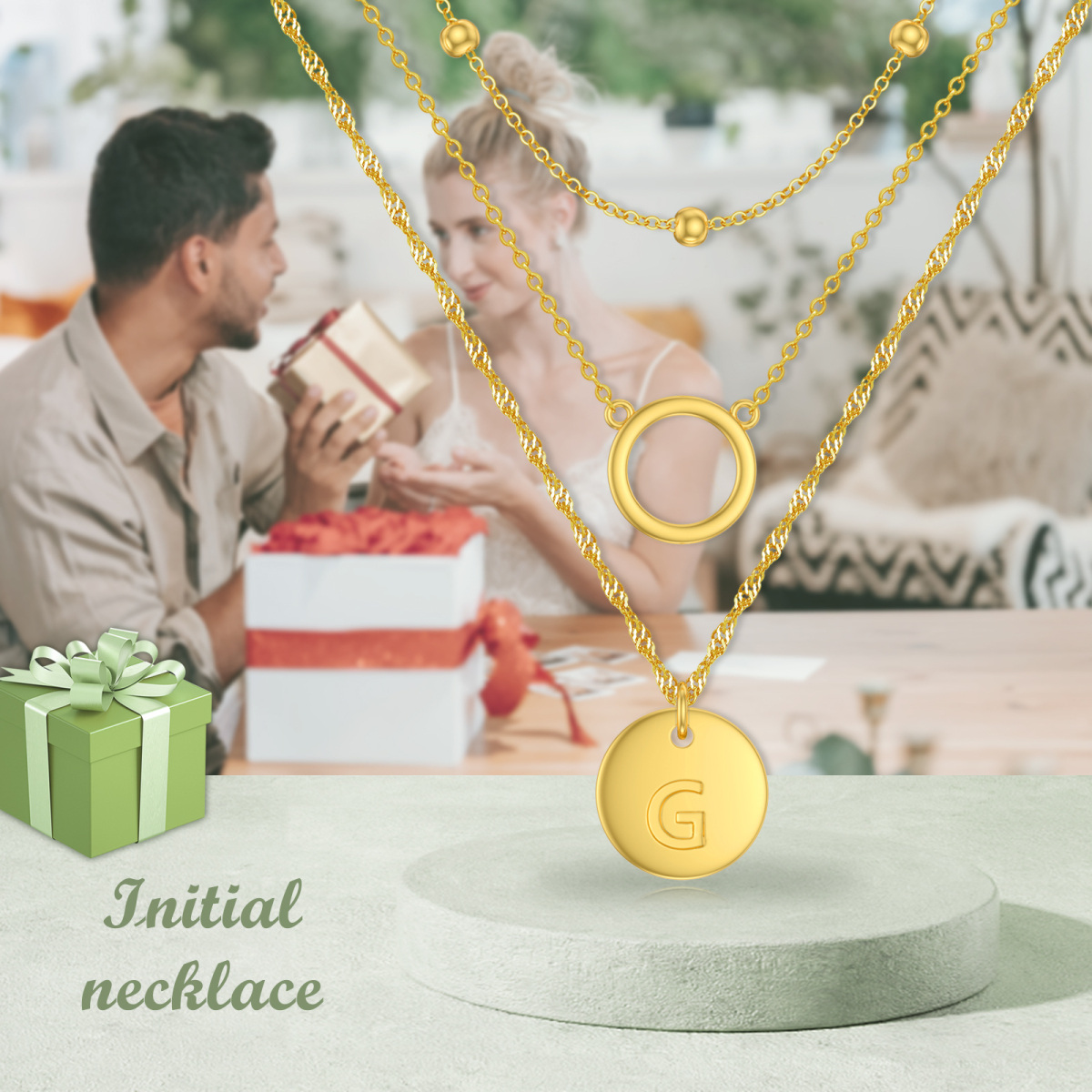 Plata de ley con collar en capas circulares chapado en oro amarillo con letra inicial G para mujer-6