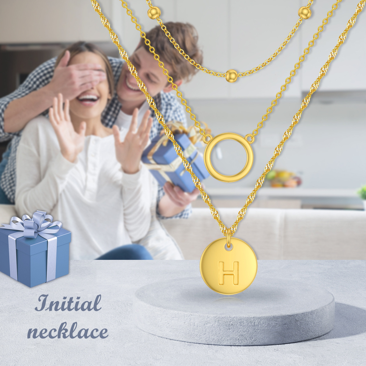 Plata de ley con collar en capas circulares chapado en oro amarillo con letra inicial H para mujer-6