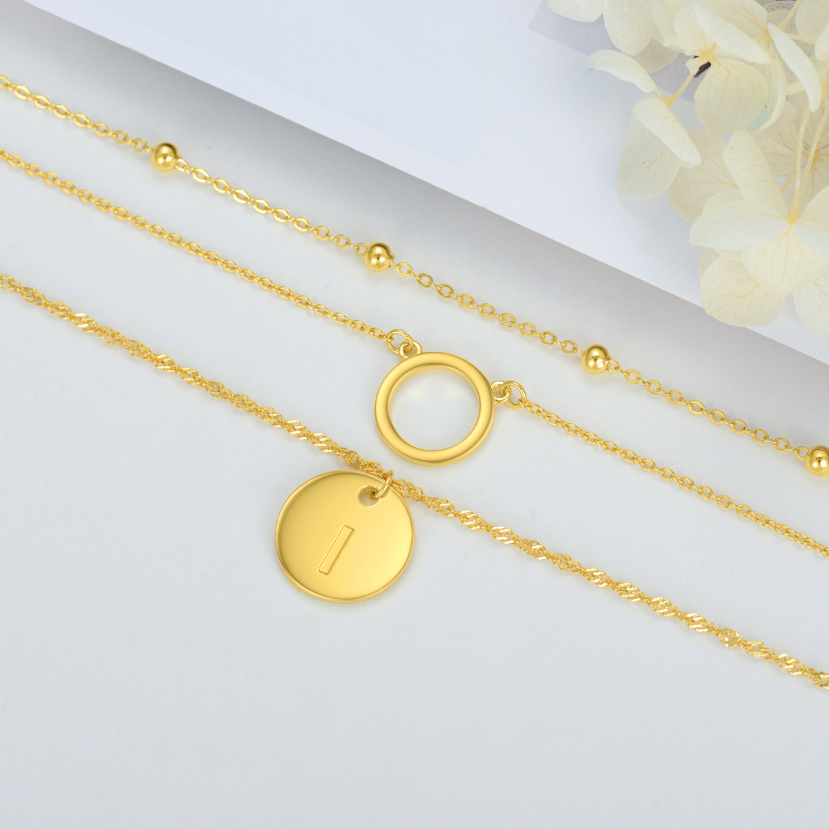 Plata de ley con collar en capas circulares chapado en oro amarillo con letra inicial I para mujer-3