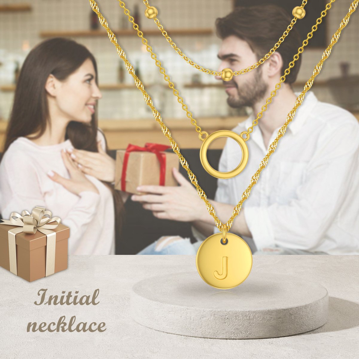 Collana a strati circolari in argento sterling placcato oro giallo con lettera J iniziale da donna-6