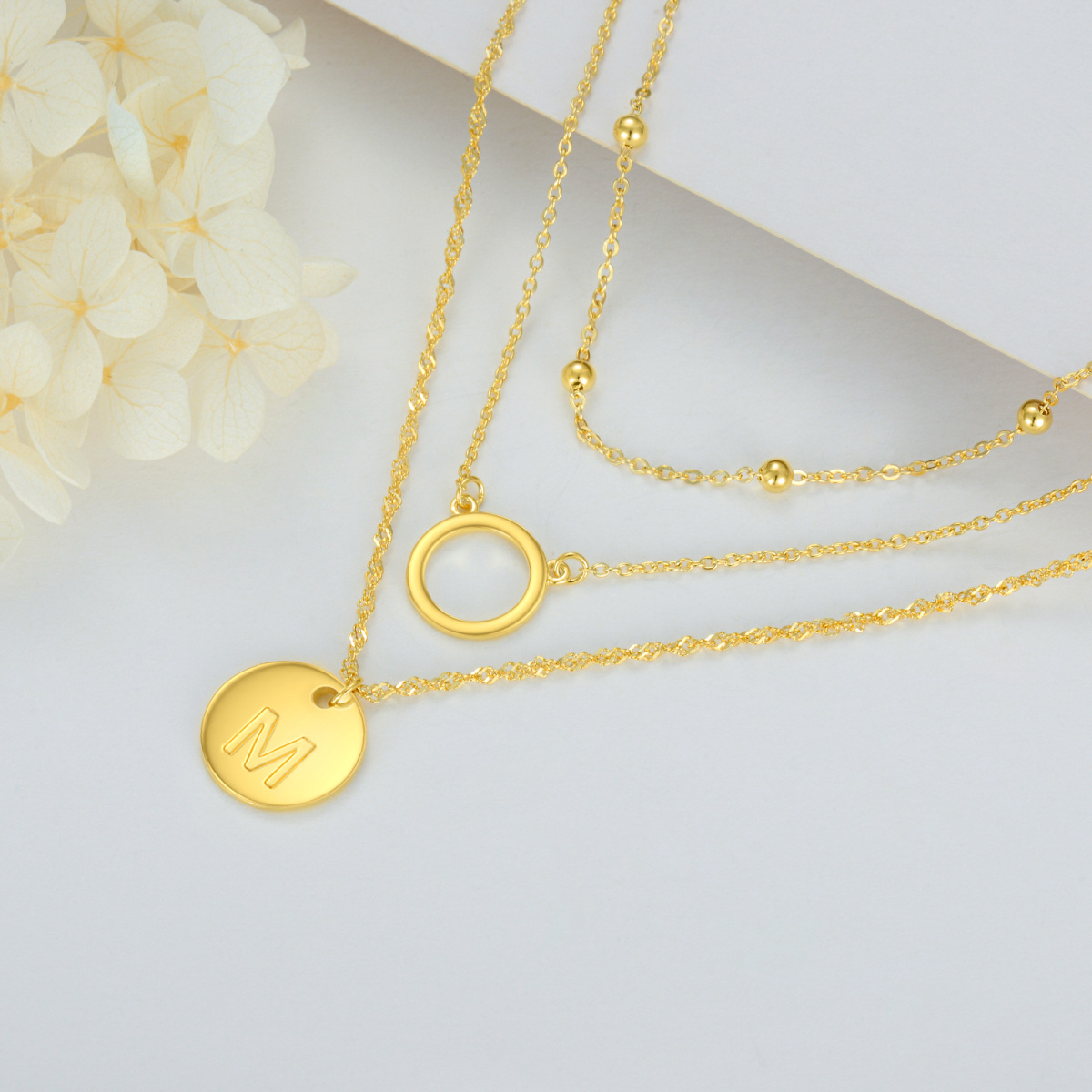 Plata de ley con collar en capas circulares chapado en oro amarillo con letra inicial M para mujer-4