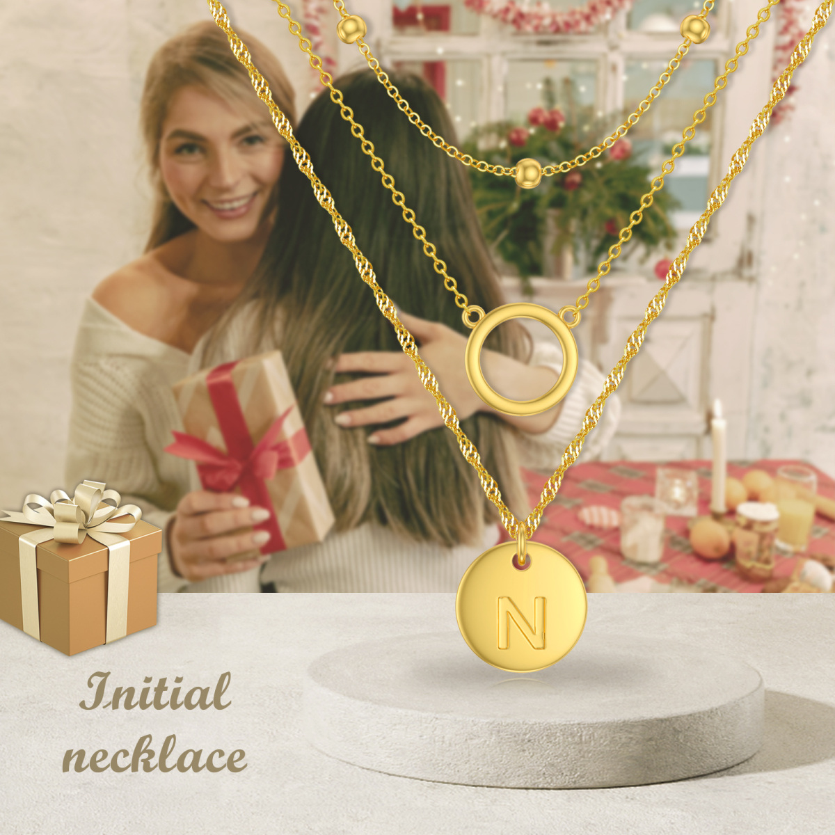 Plata de ley con collar en capas circulares chapado en oro amarillo con letra inicial N para mujer-6