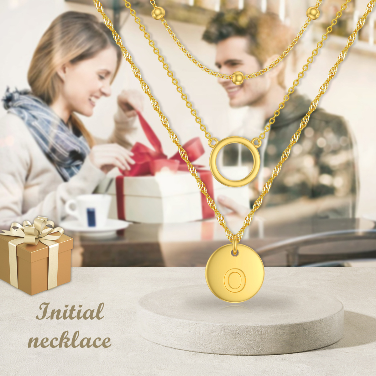 Plata de ley con collar en capas circulares chapado en oro amarillo con letra inicial O para mujer-6