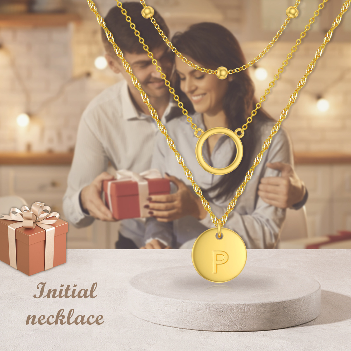 Plata de ley con collar en capas circulares chapado en oro amarillo con letra inicial P para mujer-6