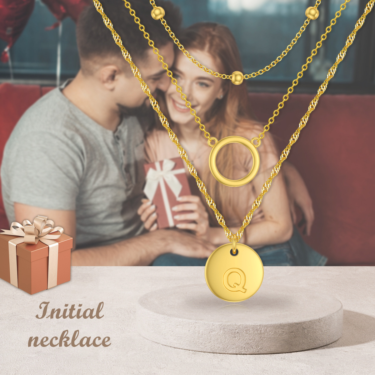 Collana a strati circolari in argento sterling placcato oro giallo con lettera Q iniziale da donna-6