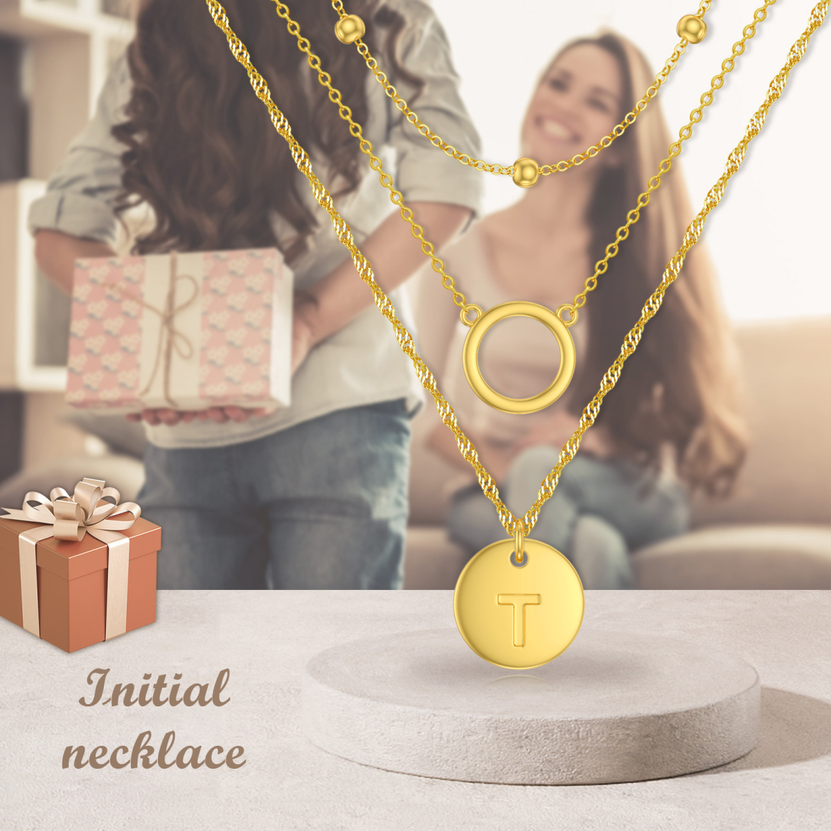 Sterling Silver With Yellow Gold Plated Circle Layered Necklace With Initial Letter T For Women-6