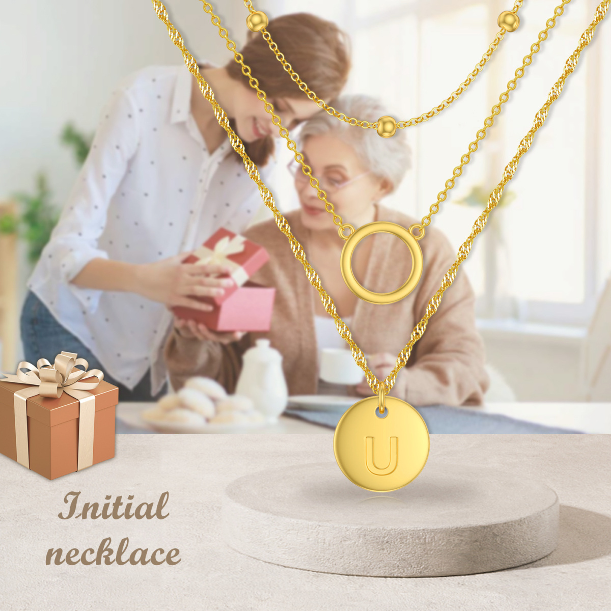 Collana a strati circolari in argento sterling placcato oro giallo con la lettera U iniziale da donna-6