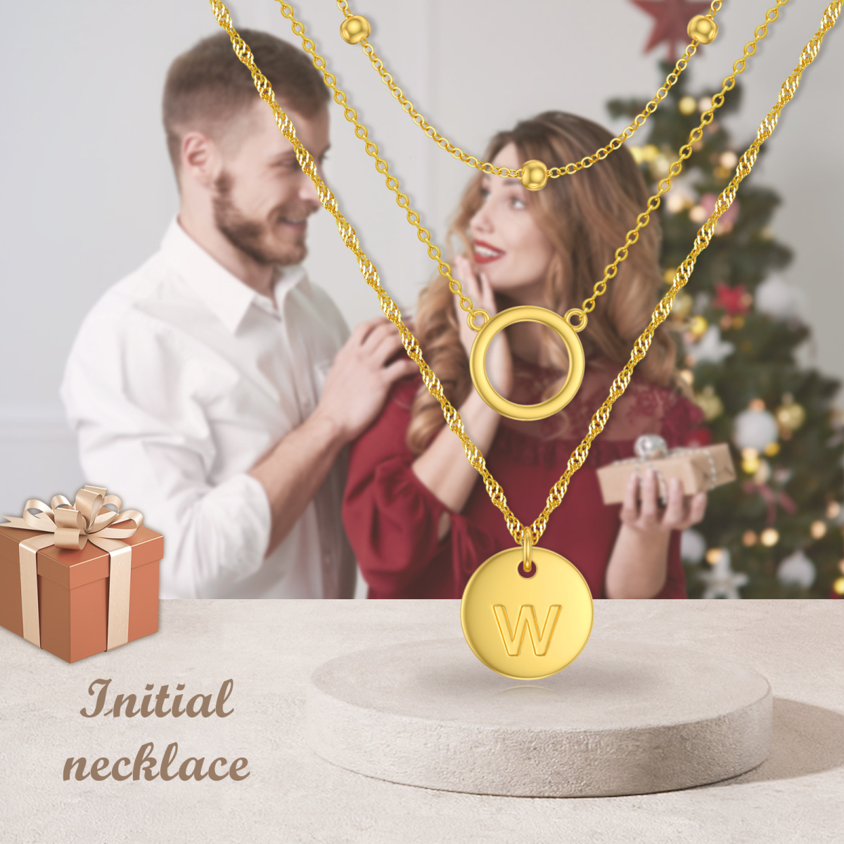 Plata de ley con collar en capas circulares chapado en oro amarillo con letra inicial W para mujer-6