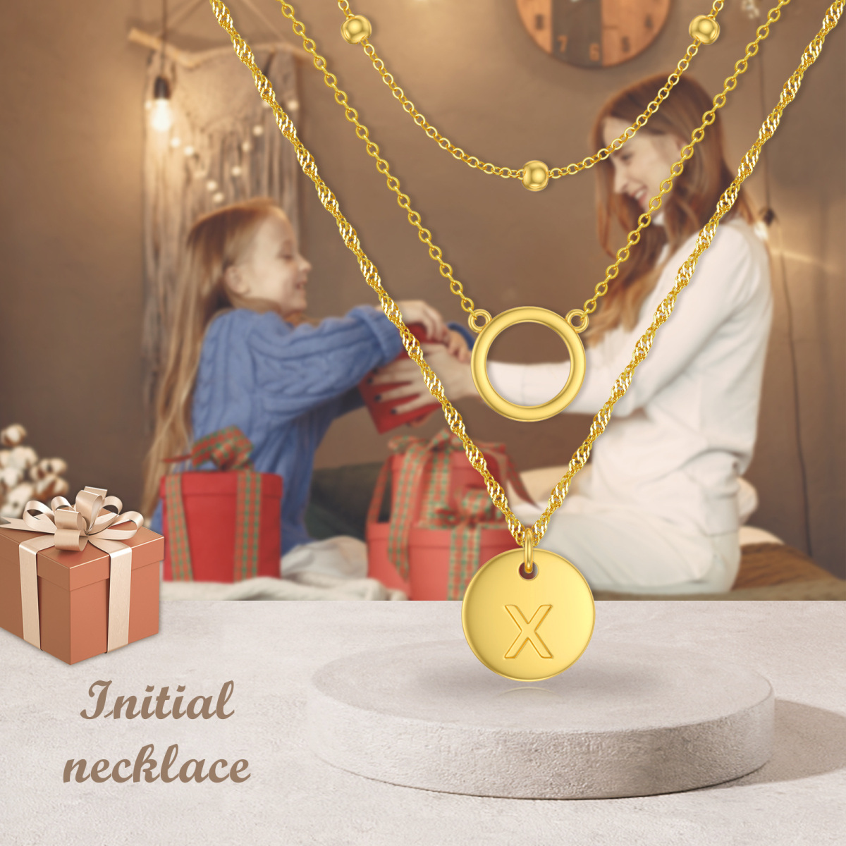 Sterling zilver met geel goud vergulde cirkel gelaagde ketting met beginletter X voor dames-6