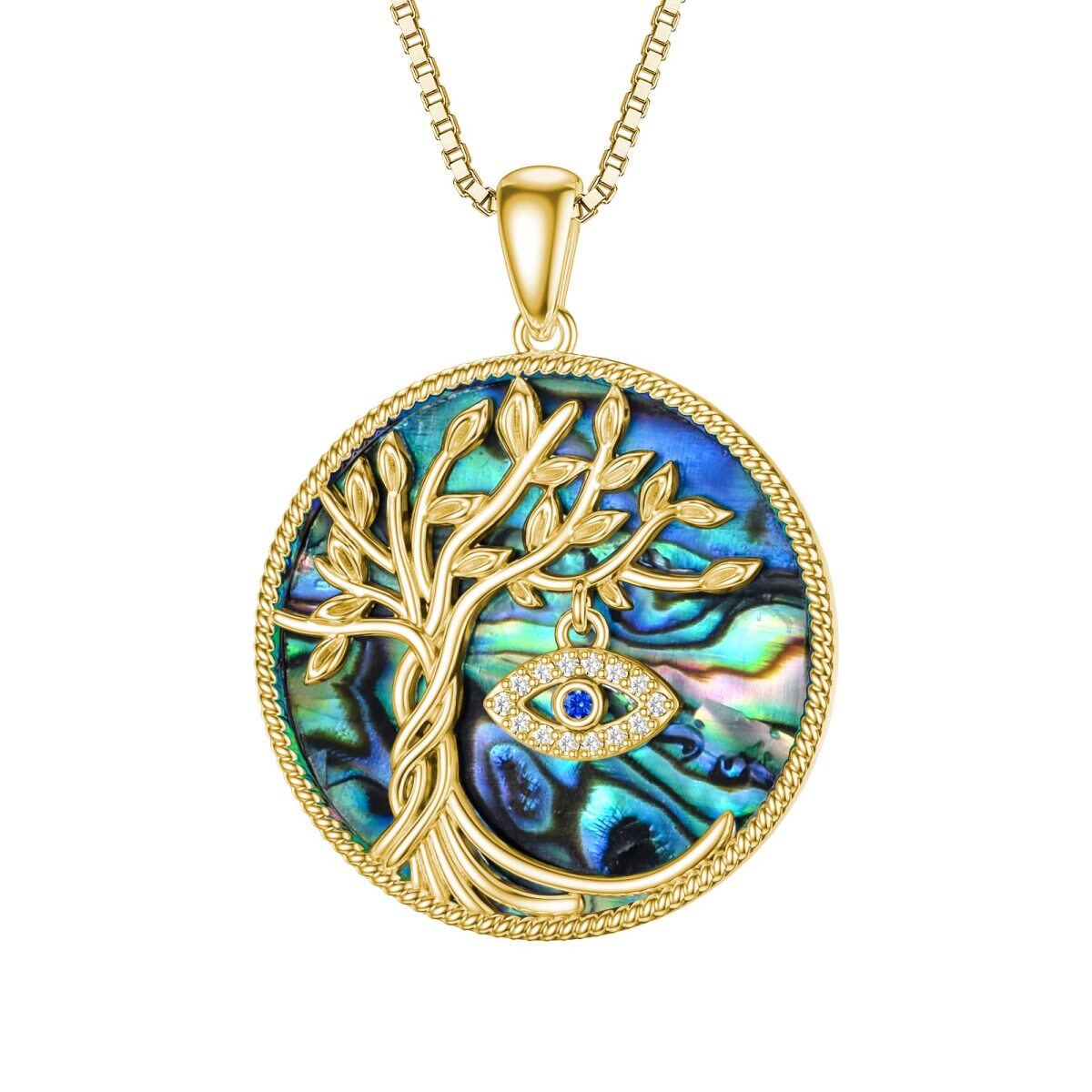 Sterling Silver with Yellow Gold Plated Circular Shaped Abalone Shellfish Tree Of Life & Evil Eye Pendant Necklace-1