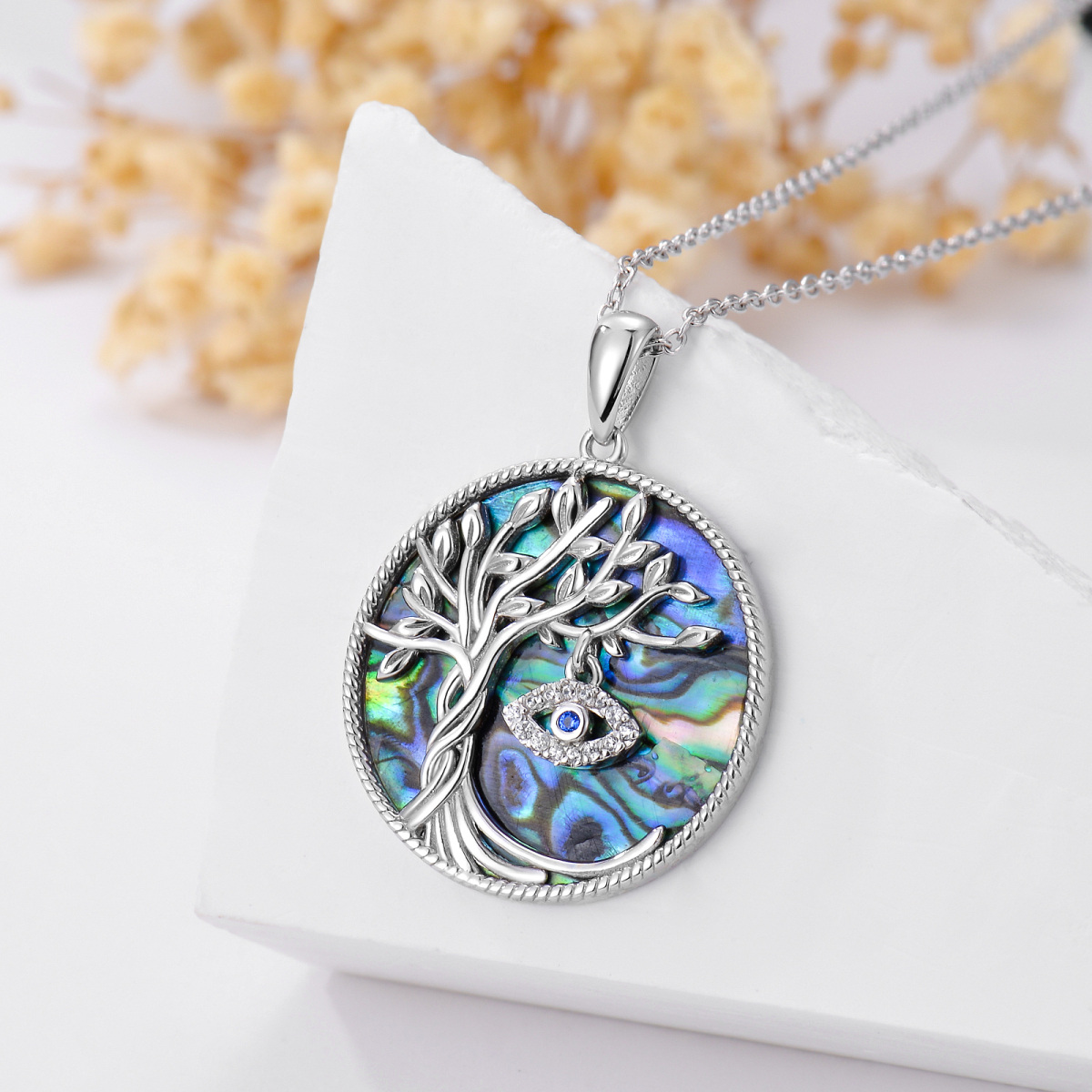 Sterling Silver Circular Shaped Abalone Shellfish Tree Of Life & Evil Eye Pendant Necklace-3