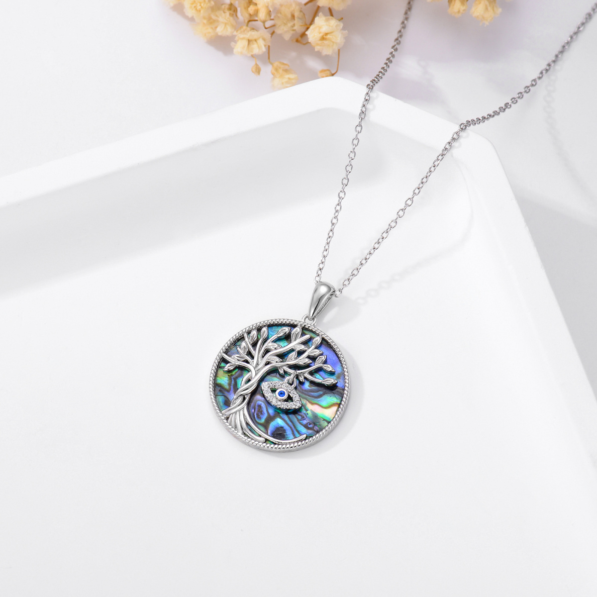 Sterling Silver with Yellow Gold Plated Circular Shaped Abalone Shellfish Tree Of Life & Evil Eye Pendant Necklace-4