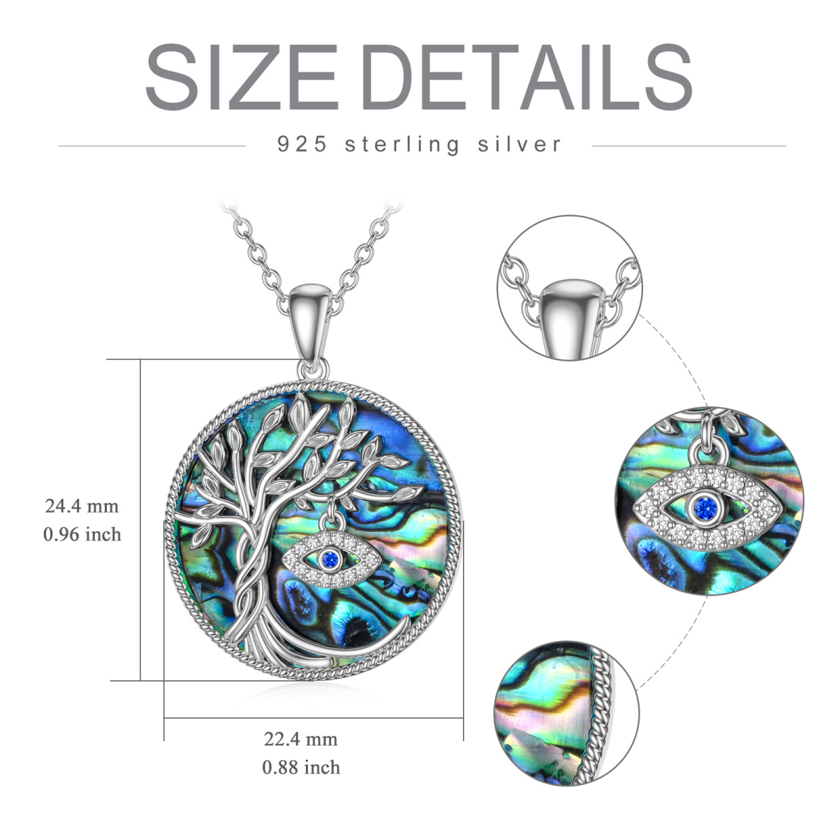 Sterling Silver Circular Shaped Abalone Shellfish Tree Of Life & Evil Eye Pendant Necklace-5