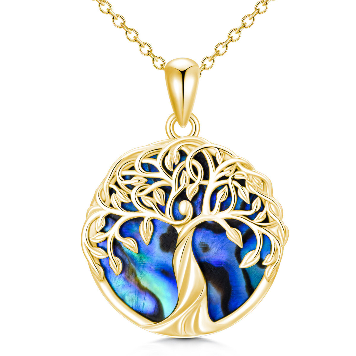 Sterling Silver with Yellow Gold Plated Circular Shaped Abalone Shellfish Tree Of Life Pendant Necklace-1