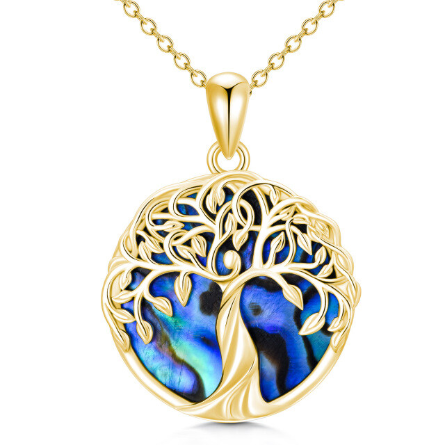 Collana con ciondolo a forma di albero della vita in argento sterling e placcato oro giallo a forma di cerchio con molluschi abaloni.-1